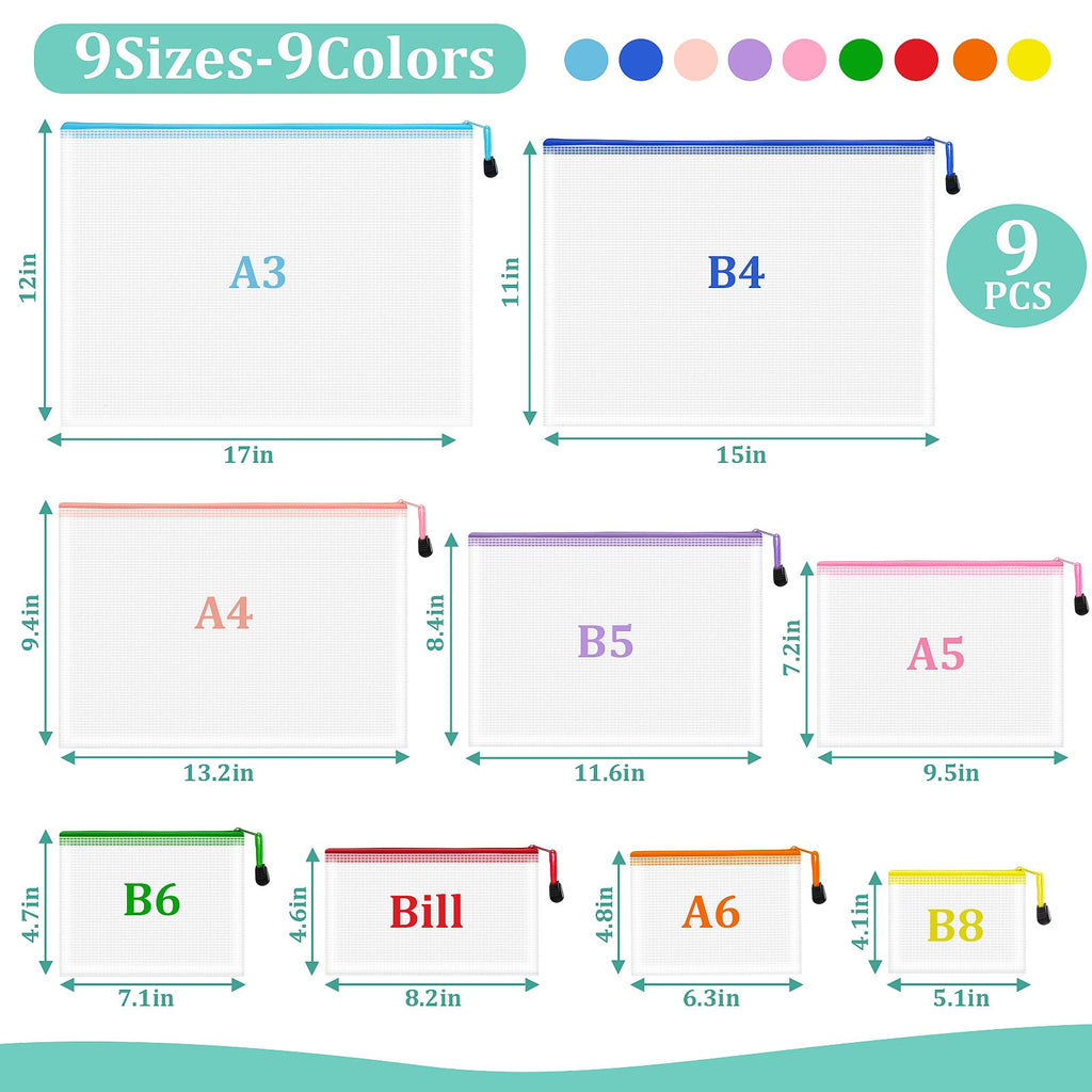 VVCOIIROEI 9pcs Mesh Zipper Pouch Bags, 9 Sizes Zipper Pouch, Mesh Bags with Zipper, Plastic Zipper Pouches, 9 Colors Zipper Pouches for Organizing, Board Game Storage, Travel, School Office Organize