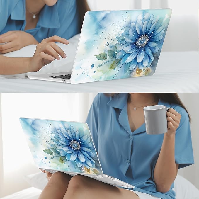 Mektron for 2025 M4 MacBook Air 13.6 Inch A3240 Case Fits 2023 A2681 M2 2024 A3113 M3 Chip with Liquid Retina Display, Printed Plastic Hard Shell Cover for MacBook Air 13.6", Watercolor Blue Flower