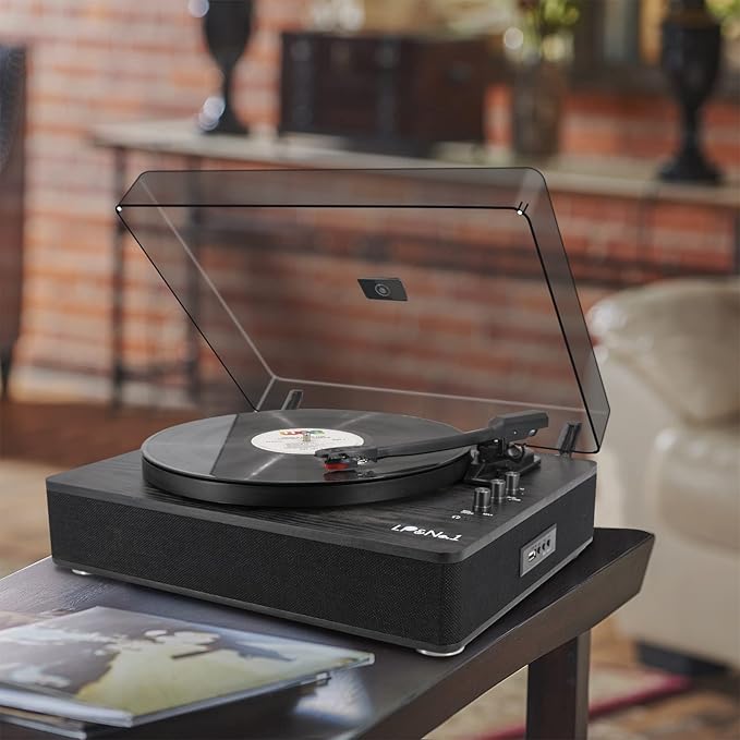Record Player Vinyl Turntables with Built-in Speakers and USB Play&Recording Belt-Driven Vintage Phonograph Record Player 3 Speed for Entertainment and Home Decoration(Black Wood)