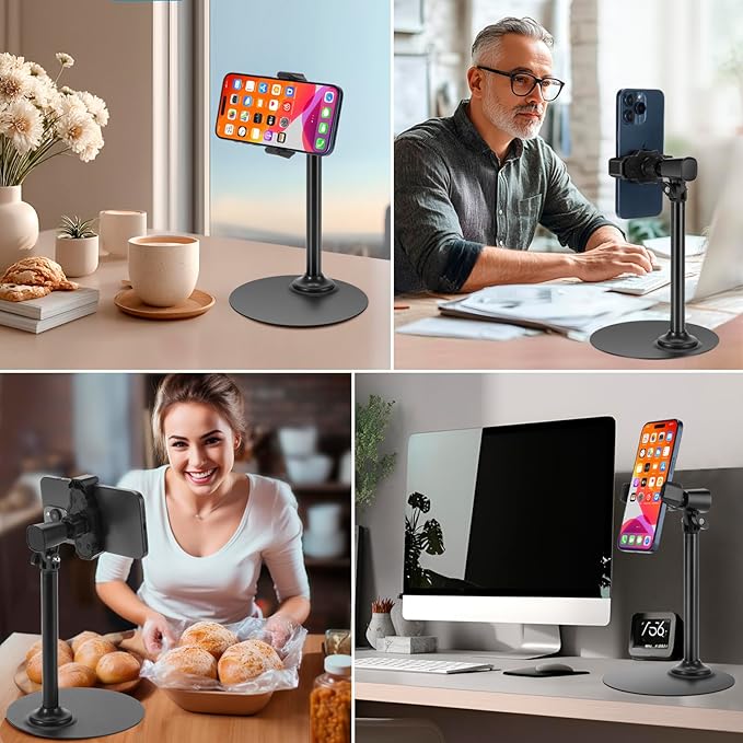 Adjustable Phone Stand for Desk with Clip Mount Live Streaming: 360° Rotatable Overhead Shot Holder with Sturdy Metal Base, Compatible with TikTok, YouTube, Zoom Video Recording (Black)