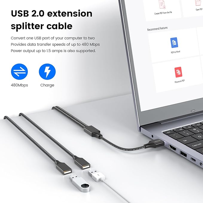 MOGOOD USB Extension Cable, 6.6ft USB A Male to 2 Female, Durable Nylon Braided, Supports Data Transfer & Charging, Compatible with Printer, Laptop, Flash Drive, Hard Drive, PlayStation