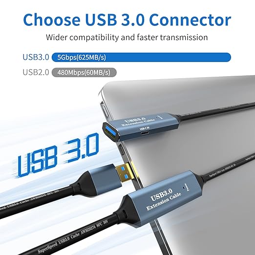 USB 3.0 Extension Cable 65FT Type A Male to Female Active Extender Cord with 3 Extension Chipsets Signal Booster and 1 USB-C Charging Port, for Webcam, PlayStation, Printer, Camera