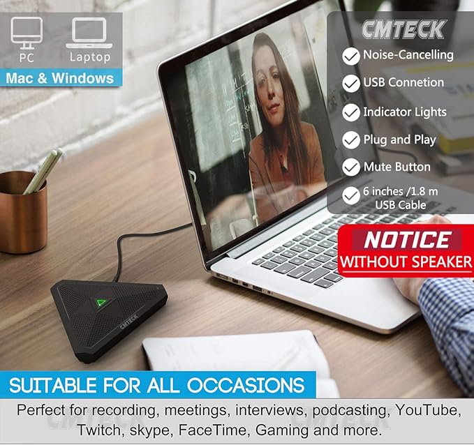 CMTECK Conference USB Microphone, Mute Button, Omnidirectional Condenser Boundary Mic for Recording, Streaming, Gaming, Skype (Windows/macOS)-Without Speaker