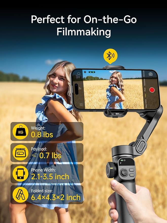 Gimbal Stabilizer for iPhone, 3-Axis iPhone Gimbal Built in 7.8' Extension Rod, Portable Gimbal Stabilizer w/OLED Display for iPhone/Android, Perfect for TikTok YouTube Vlogging-Smart X2 Black