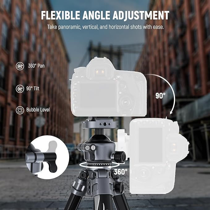 NEEWER LITETRIP LT07 61" Aluminum Travel Camera Tripod, Portable Stand with Ball Head Dual Axis Cell Phone Holder Arca QR Plate Compatible with iPhone Peak Design V3 for Video Recording, Max Load 22lb