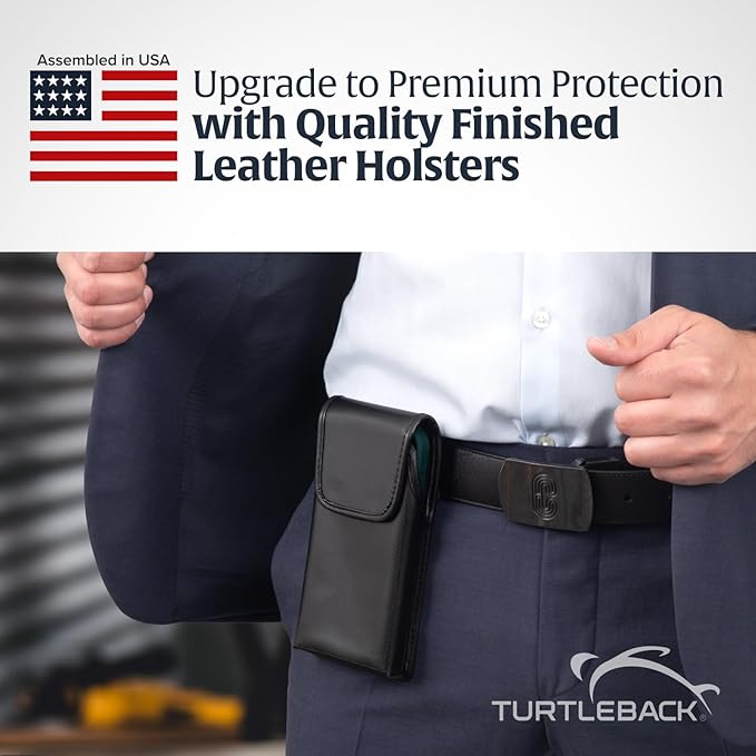 Turtleback Belt Holder for iPhone 16 Pro Max, 15 Pro Max, 14 Pro Max -Small- Fits w/Slim MagSafe Style Cases, Premium Black Leather Vertical Belt Holster Magnetic Closure Leather Wrapped Clip
