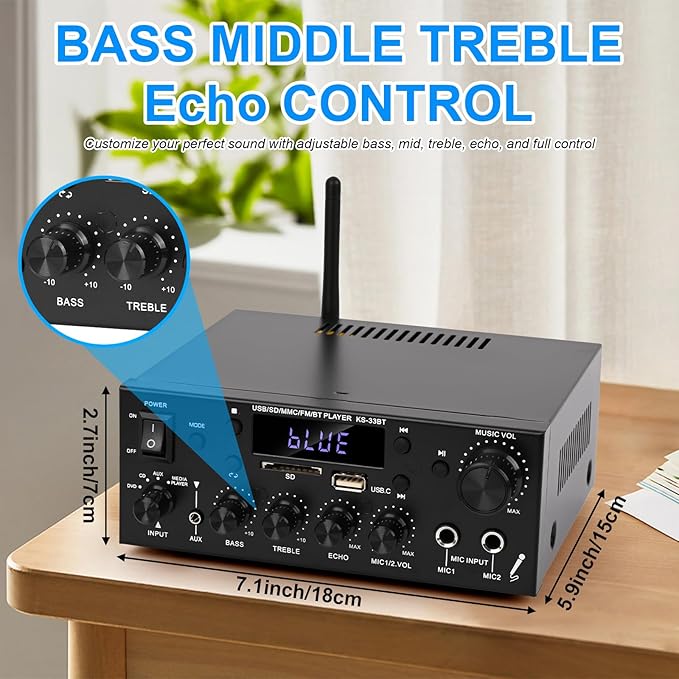 Romica Stereo Audio Amplifier, 2 Channel 500W Bluetooth 5.0 Home Theater Power Amplifier with FM, Echo, AUX, USB, SD, MIC Inputs, HiFi AMP for Passive Speakers and Active subwoofer