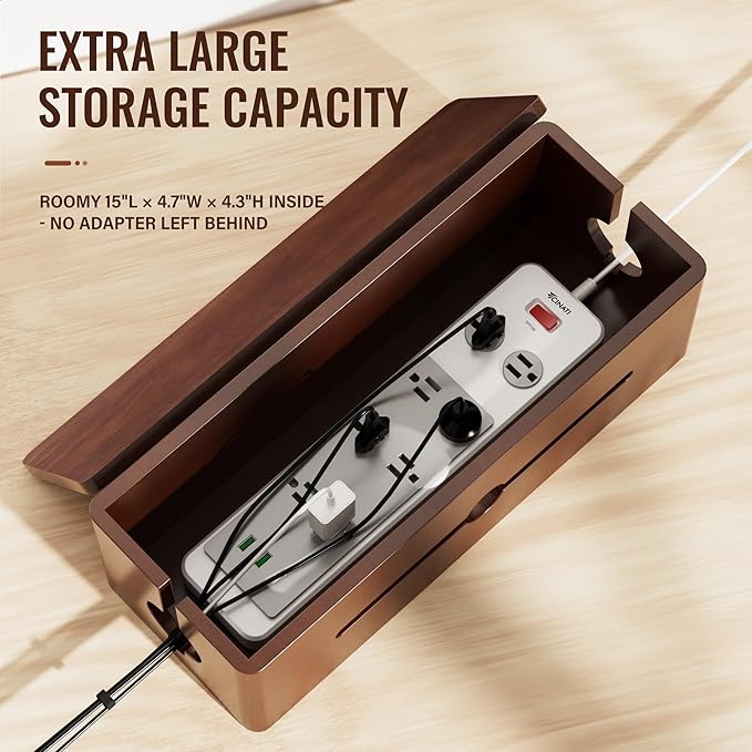 Cinati Large Cable Management Box, 15.8" Wooden Cable Organizer for Floor Wires Storage, Wall Mount Cord Hider Box for Electrical Cord Management, Power Strip Wire Organization for Desktop Home Office