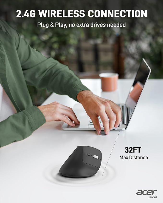 acer Ergonomic Mouse Wireless, Adjustable DPI Vertical Mouse 1000/1200/1600 with 6 Buttons, Rechargeable Ergo Mice with 2.4GHz USB Receiver for Computer, Laptop, PC, iMac and Desktop