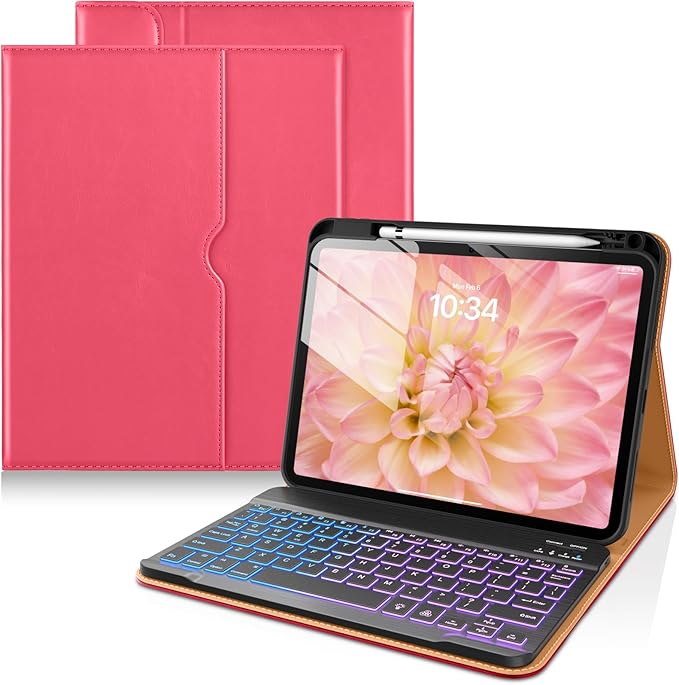 DTTO for iPad 11th (A16)/ 10th Generation Case with Keyboard (2025/2022), 7 Colors Backlit Wireless Detachable Keyboard Leather Folio Cover with Pencil Holder & Pocket, Rose Red A2