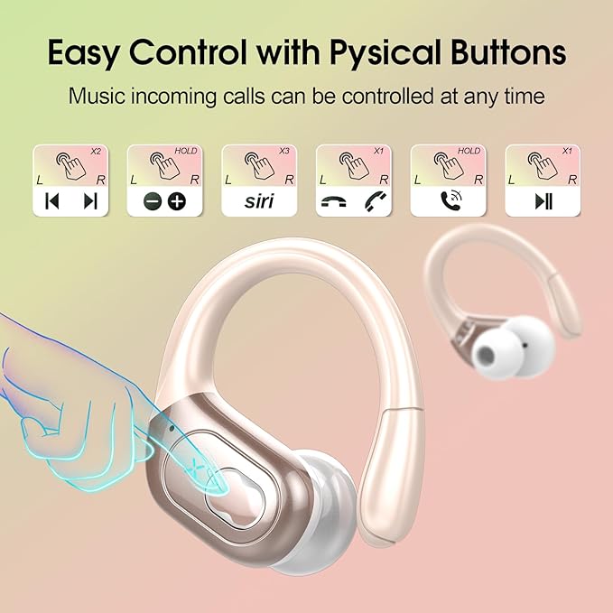 Wireless Earbuds 75hrs Bluetooth 5.4 Headphone Sport, 2025 Bluetooth Earbuds Stereo Deep Bass Over Ear Bud with Earhooks, ENC Noise Cancelling Mic, IPX7 Waterproof Earphone Rose Gold