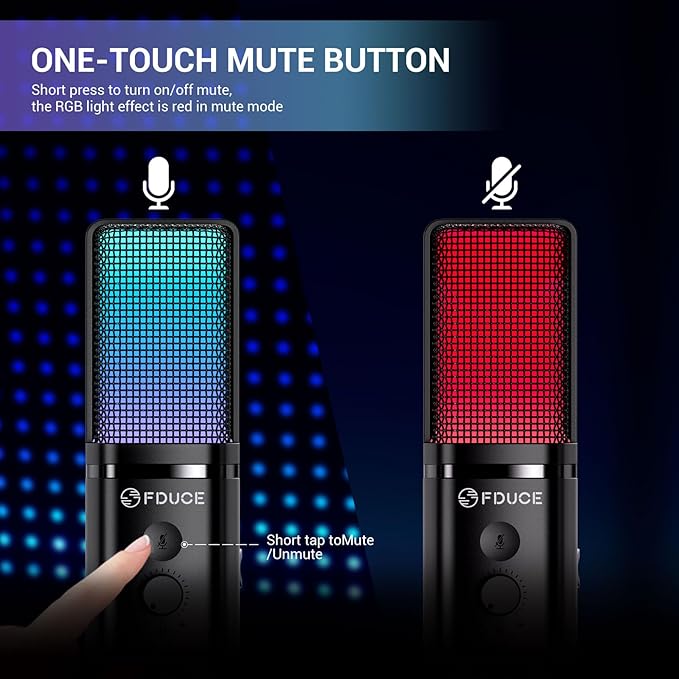 FDUCE Gaming USB Microphone for PC,RGB Condenser Computer Mic with Tripod Stand,Quick Mute,Gain Control,Cardioid Mic for Streaming, Podcast, Twitch, YouTube, PC, Computer, PS5, (M160)