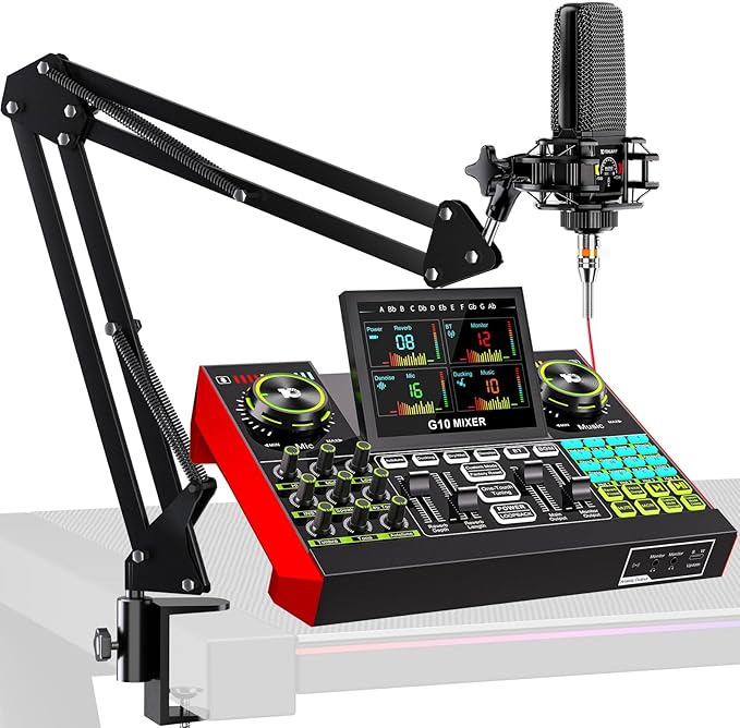 Podcast Equipment Bundle with 3.5mm Condenser Microphone for Pc/Phone Live Streaming Singing Gaming, Podcast Microphone Bundle with Live Sound Card Audio Mixer,Voice Changer, Denoise,DJ Sets