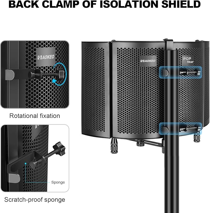 Professional Studio Recording Microphone Isolation Shield, Pop Filter,High density absorbent foam is used to filter vocal. Suitable for Blue Yeti and other condenser microphones (AO-504 With Stand)