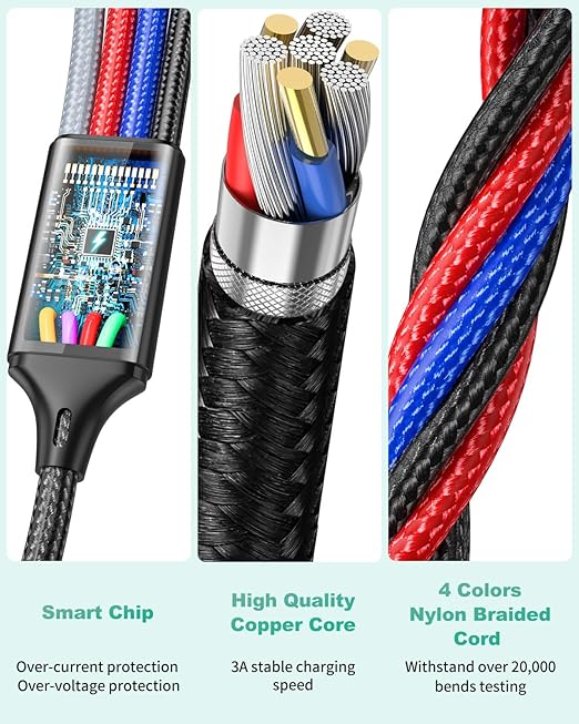HanCenDa 4 in 2 Multi Charging Cable, 3Pack 6FT Multiple Chargers for All Devices Nylon Braided USB A/C to 2*Lighting/Typc C/Micro USB Port Universal Multi USB Charger Cords for iPhone 16/15