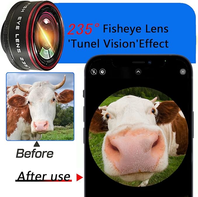 Phone Camera Lens, Clip on Cell HD Phone Fisheye Lens kit, 235° Fisheye Lens ，for Most iPhone Android Samsung Phones and Smartphones