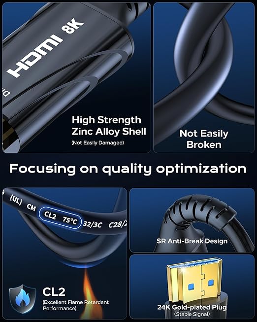 8K Fiber Optic HDMI Cable 85FT Long - High-Speed 4K 120hz Fiber Optic HDMI Cord,8K 60hz 48Gbps HDCP 2.2&2.3，HDR10 - Compatible with Fire Roku HDTV/Monitor/Projector