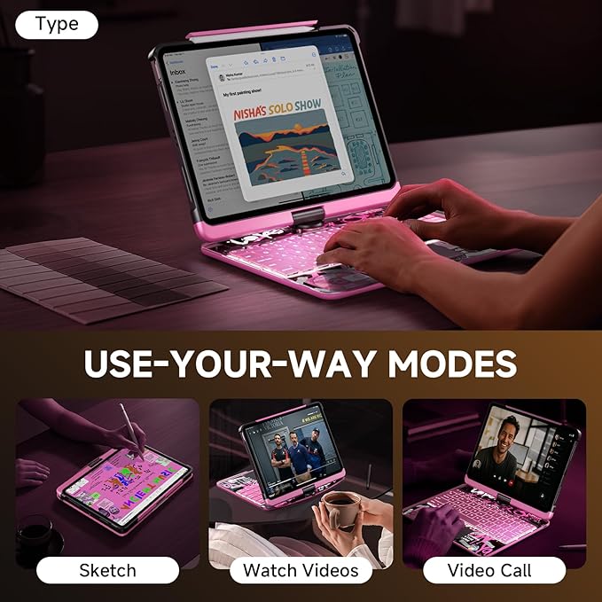 Transparent Case with Keyboard for iPad 9th (7th, 8th, and 9th Gen) 10.2 Inch,with 7-Color Backlit Wireless Keyboard,360°Rotatable Protective Case Multi-Touch Trackpad,with Pencil Holder,Pink