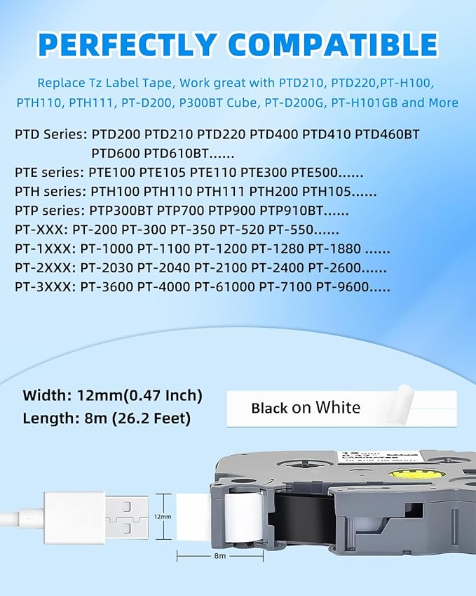 Label Maker Tape Refills Tz Tape 12mm 0.47 Laminated White Replace Compatible for Brother TZe-231 Tze 1/2" Black on White for P-Touch Label Maker PT-D220 D210 H110 D200 D400 1280, 10-Pack