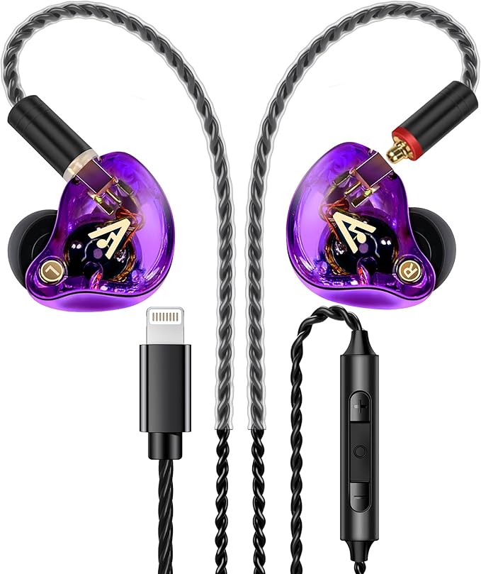 Vibes 202ML Wired Earbuds - HiFi in Ear Headphones - Noise-Isolating Ear Buds w/ Mic - Clear Sound, Deep Bass, Comfort-Fit Earphones - MMCX–Lightning for iPhone 5–14, Silver Plated Cord, Carrying Case