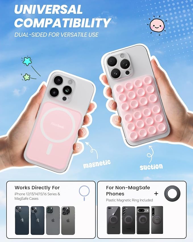 Klearlook 2Pack Magnetic Suction Phone Mount for MagSafe Case, Sticky Phone Grip Holder for iPhone, Removable Hands-Free Selfie/Video for TikTok Influencers, Women Girl Gift, Light Pink & Light Pink