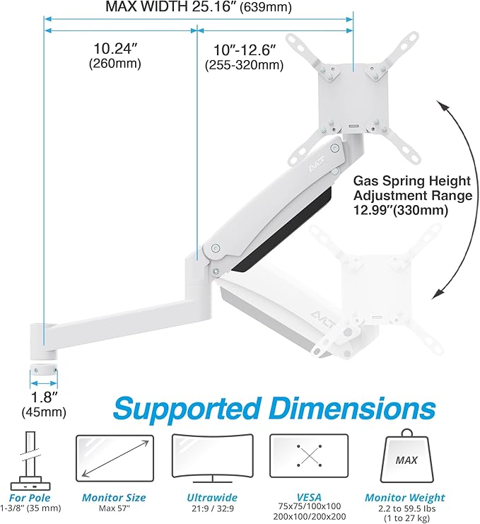 AVLT Single 57 Inch Heavy Duty Monitor Arm Add-On Kit for Pole Top Mount-White, Fits 1.38" Pole, for Super Ultrawide Screen, Supports 59.5lbs (27kg), VESA Compatible, Workspace Upgrade Extension Arm