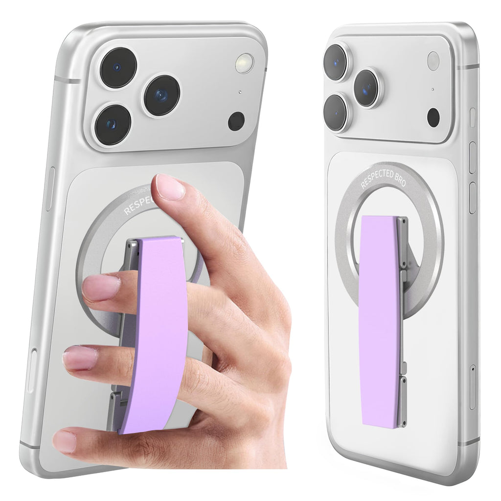 RESPECTED-BRO-Magnetic-Phone-Grip-Stand, Magnetic Phone Ring Holder Kickstand with Silicone Finger Strap, Compatibility for iPhone 17/16/15/14/13/12, Android, and More (Purple)