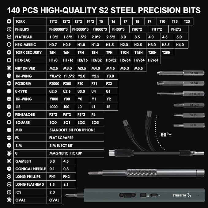 STREBITO Mini Electric Screwdriver Set 155 in 1 Small Powered Screwdriver Cordless, 140 S2 Magnetic Bits, 3 Torque Settings, 650mAh Battery, electronics tool kit for Computer, Laptop, RC, PC, Xbox