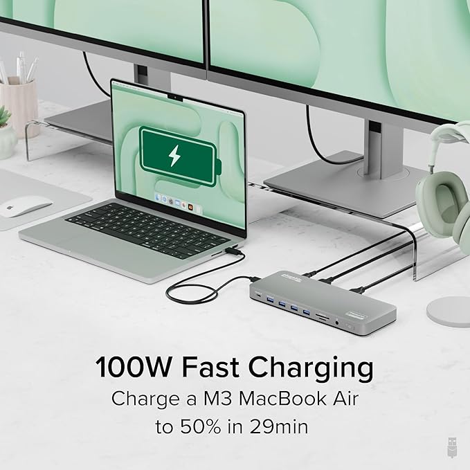 Plugable USB C Laptop Docking Station, Dual Monitor 4K 60Hz for Apple Mac M1/M2/M3/M4, 2X HDMI or 2X DisplayPort, 100W Charging DisplayLink Dock, 2 Displays for MacBook, Driver Required (UD-6950PDH)