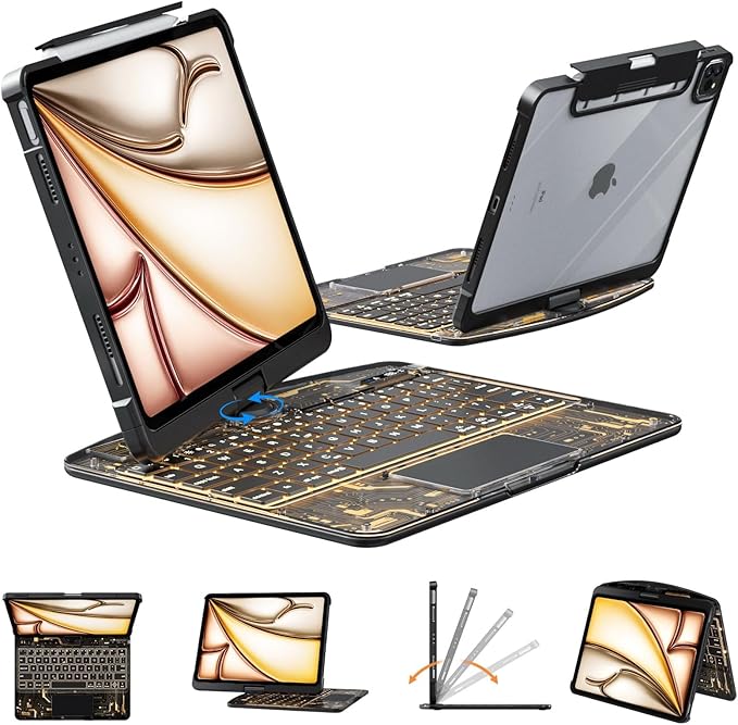 KARTICE Case with Wireless Keyboard Compatible with iPad Pro 11 2024 11 inch, Multi-Touch Trackpad, 7 Color Backlight, 360° Rotating Stand with Pencil Holder for iPad Pro 11, Excludes iPad and Pencil