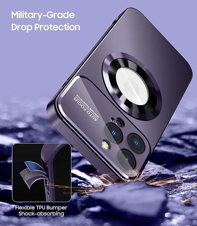 Magnetic for iPhone 16 Pro Case, Compatible with MagSafe, Built-in Camera Lens Protector, Logo View, Military Grade Drop Proof Phone Cover, Purple
