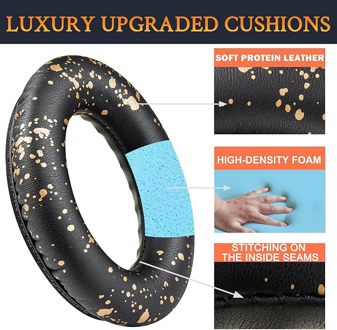 SoloWIT Replacement Earpads Cushions for Bose QuietComfort 35 (QC35) & Quiet Comfort 35 II (QC35 ii) Headphones, Ear Pads with Softer Leather, Noise Isolation Foam, Added Thickness (Black Gold)