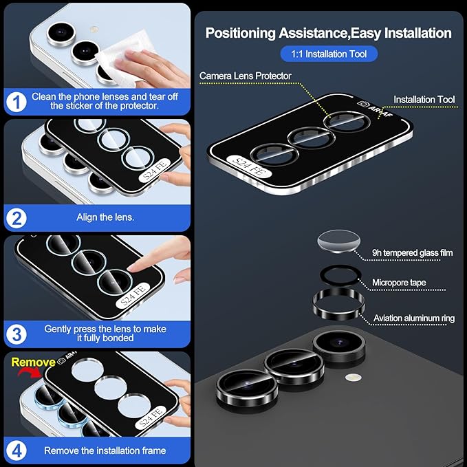 for Samsung Galaxy S24 FE Camera Lens Protector, Individual Metal Ring Tempered Glass Lens Cover, [Strong Adsorption] Scratch Resistant Ultra-Thin HD Clear Lens Cover, 1 Set-Black Ring