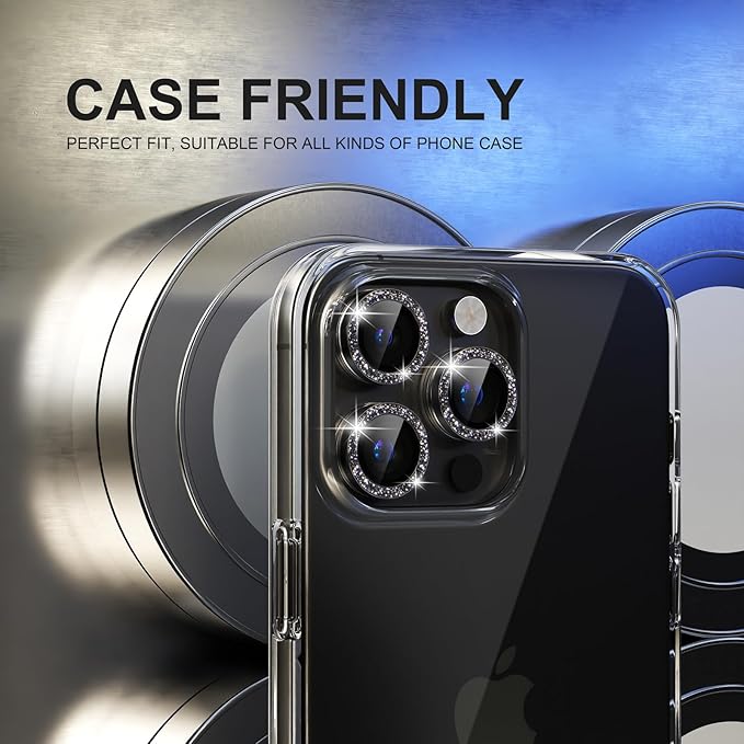 Choiche Compatible for iPhone 15 Pro/iPhone 15 Pro Max Camera Lens Protector Bling, 9H Tempered Glass Camera Cover Screen Protector Metal Ring Decoration Accessories (Glitter-Black)