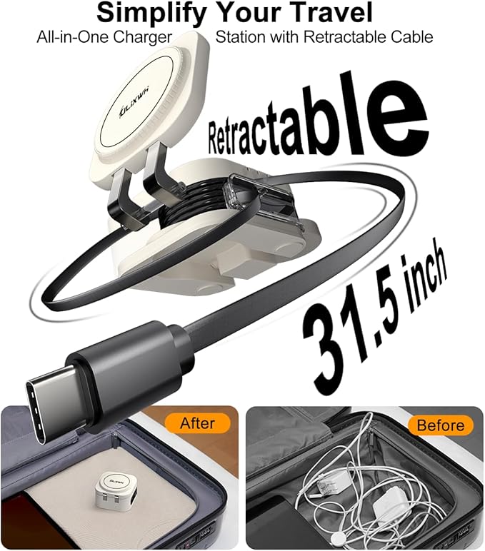2025 Retractable 3 in 1 Charging Station for Apple,15W Fast for MagSafe Magnetic Wireless Charger with Retractable Cable, Foldable Travel Stand for iPhone 16 15 14 13 12 Pro Max iWatch Airpods