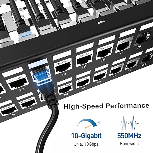 Jadaol 48 Port Shielded Patch Panel Rack or Wall Mount 19-Inch, 2U Cat6A Network Panel Preloaded with 48 Keystone Couplers Plus 2 Spare, 10Gbps Ethernet Panel with Cable Management & Back Support Bar