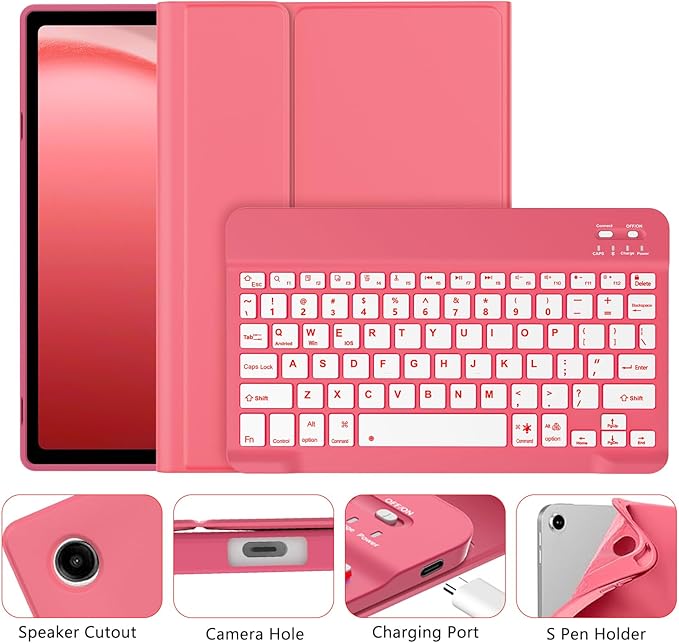 Keyboard Case for Samsung Galaxy Tab A9 Plus 5G 11 inch 2023 (SM-X210/X216/X218), 7 Color Backlit Detachable Keyboard Bluetooth, Smart Folio Cover with S Pen Holder for Galaxy Tab A9+ 11"(Dark Pink)
