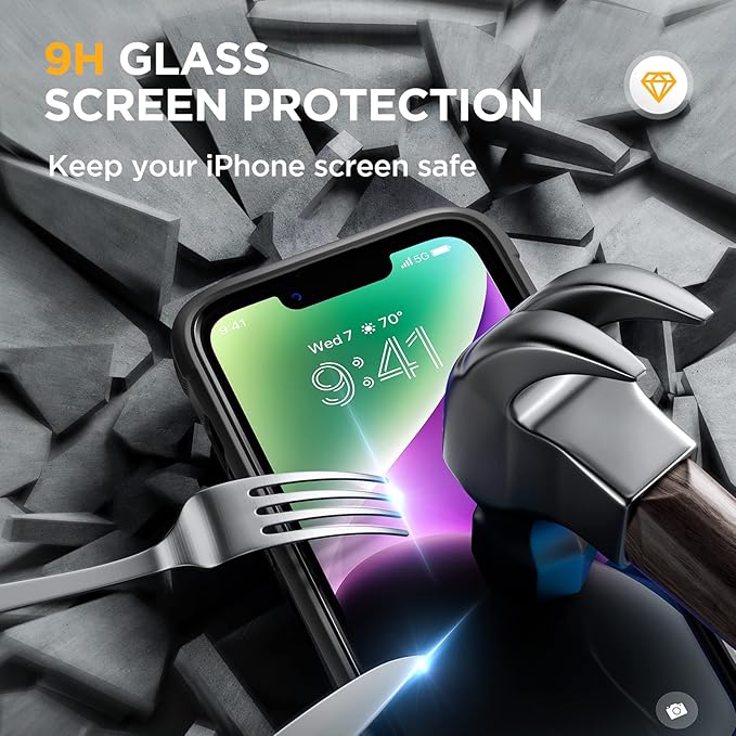 Miracase Designed for iPhone 14 Case 6.1 inch, [Built-in Tempered Glass Screen Protector] [Bubble Free] Full-Body Protective Bumper Phone Case with Camera Lens Protector, Black