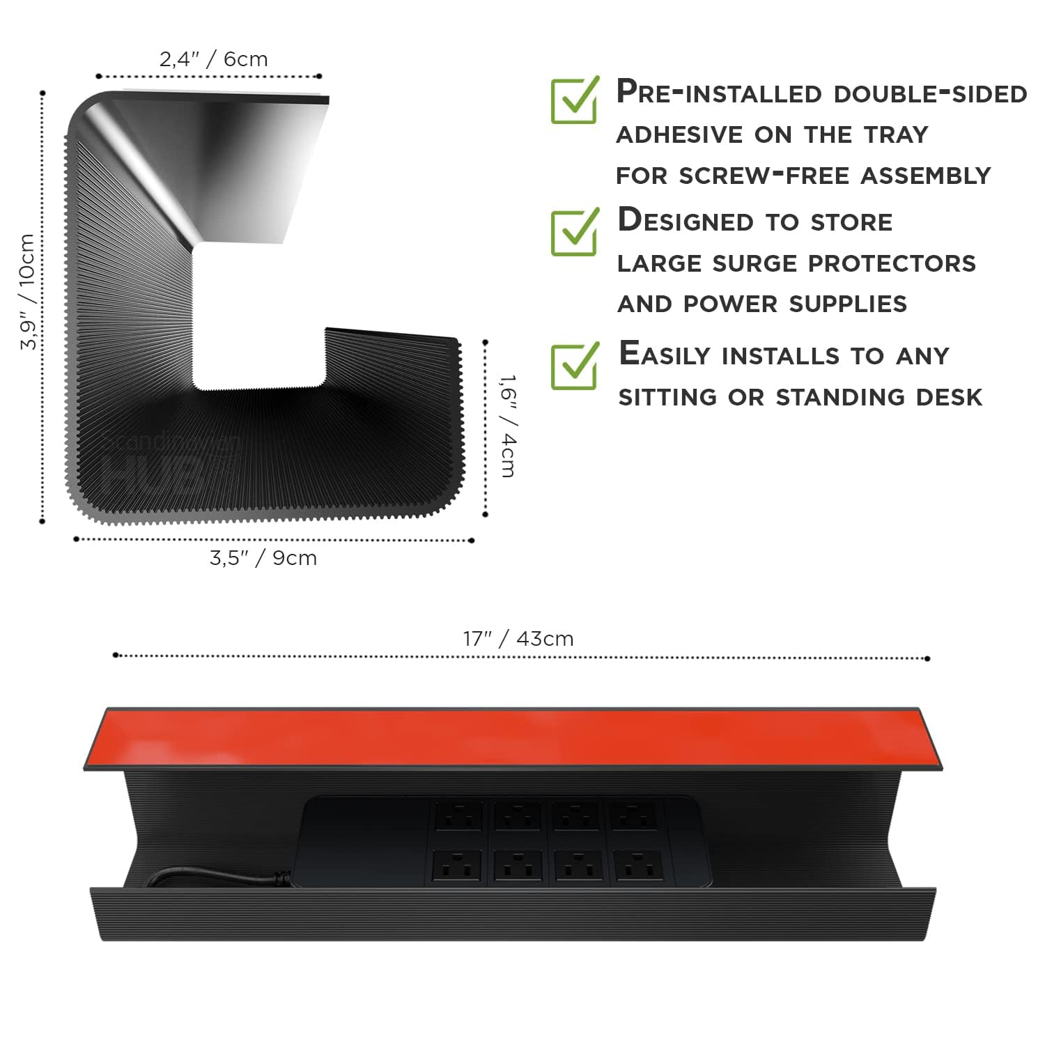 No-Screw Under Desk Cable Management Tray - Self-Adhesive Installation, Cord Management, Cable Tray, Under Desk Wire Organizer - Black Set of 4
