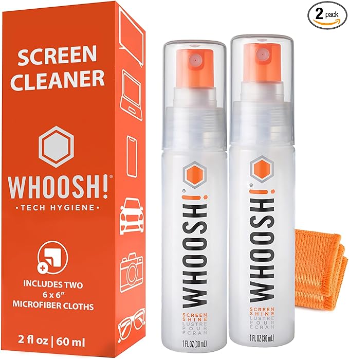 WHOOSH! Screen Shine Go 2-Pack – Two 1 fl oz Refillable Touchscreen Cleaners with Microfiber Cloths for Car, iPad, Laptop and Eyeglasses – Powerful Streak-Free Cleaning – Pocket-Sized, TSA-Approved