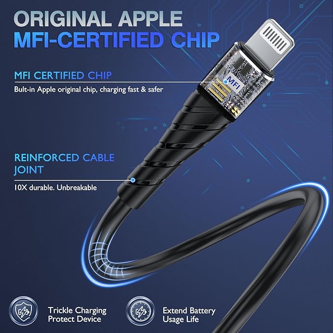 OIITH MFi Certified iPhone Charger Cable 3 Pack 6 Ft, Long for Lightning Charging Cord, Fast 2.4A for iPhone USB Cord Compatible with iPhone12/11/XS/Max/XR/X/8/8P/7P/6/iPad - Indigo