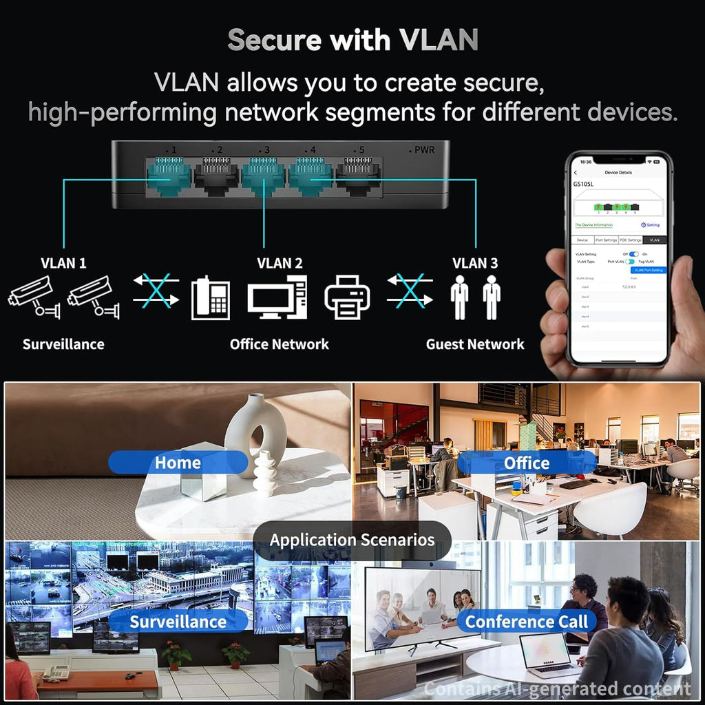 Goalake 5 Port Gigabit Managed Ethernet Switch, Easy Smart Network Splitter with VLAN & QoS, Desktop/Wall Mount, for Small Office Home Network