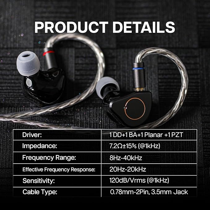 Linsoul SIMGOT SuperMix 4 1DD+1BA+1Planar+1PZT Hybrid Drivers Earphones, HiFi in Ear Monitor IEM, Wired Gaming Earbuds with OFC Silver-Plated Cable for Musician Audiophile