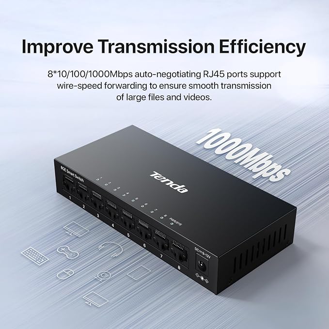 Tenda TEG208E 8 Port Managed Gigabit Switch, Easy Smart Managed, Base-T Ports, Desktop/Wall-Mount, VLAN/IGMP/LAG/QoS, 16Gbps Switching Capacity, Fanless Metal Design