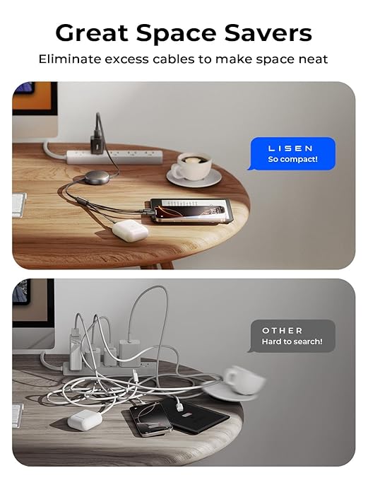 LISEN Multi Charging Cable, 3 in 1 Charging Cable, Retractable Car Charger with Type C/L/Micro USB Ports for iPhone 16 15 14 Pro Max/Samsung Galaxy S25/PS/Kindle, Multi Chargers for All Devices