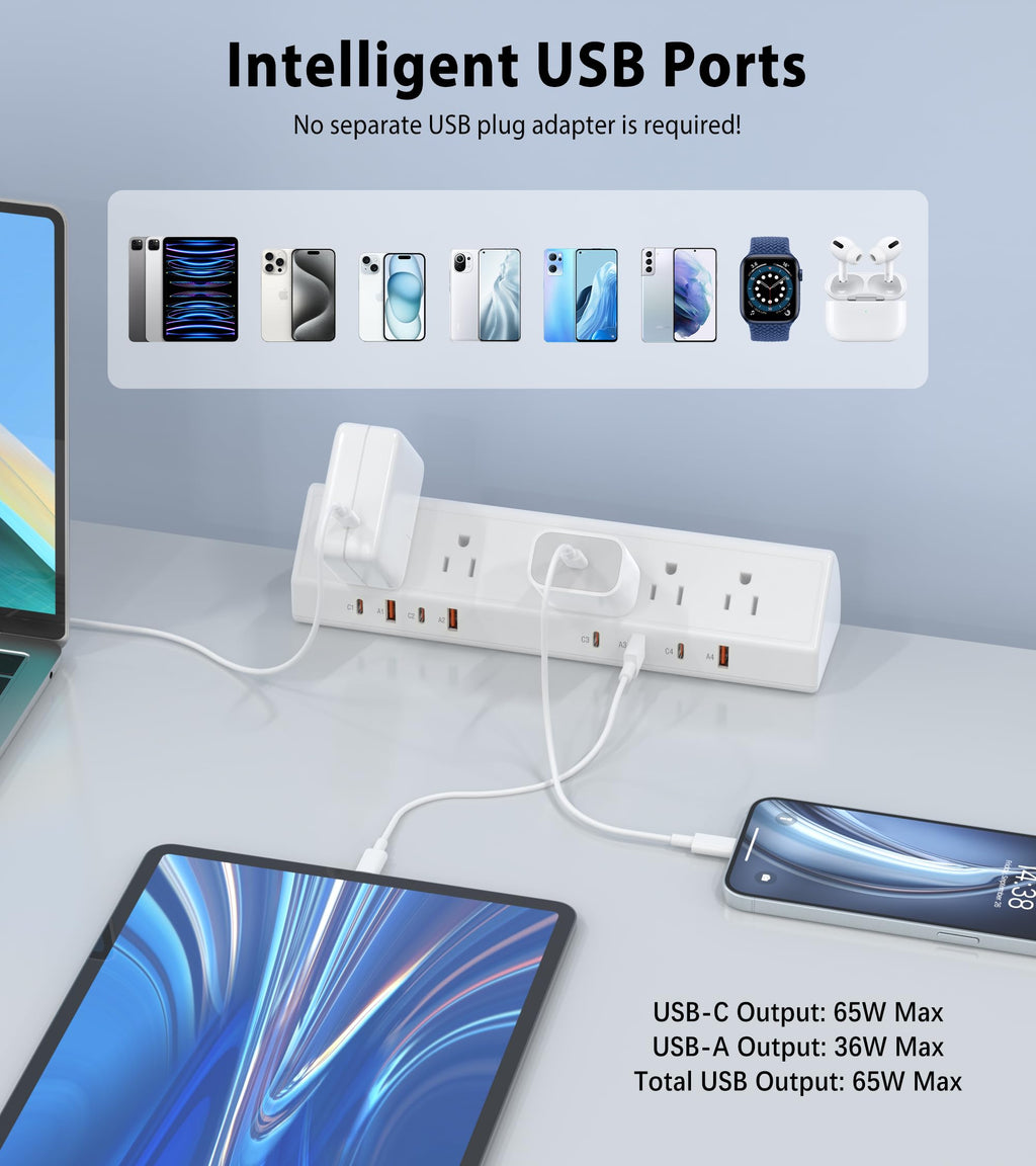 Jgstkcity Desk Clamp Power Strip USB C 65W,8 USB,10FT Cable,White