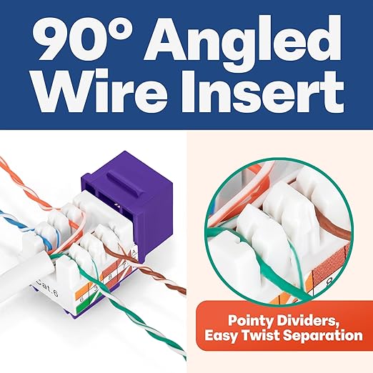 Everest 90° Angled RJ45 Cat6 Keystone Jacks 10-Pack in Purple - Slim Profile Female RJ45 Connectors - Cat 6 Keystone Jack - Compatible with 90° Angled Speed Termination Tool - easyJACK (B094WB91H3)