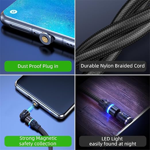 Magnetic Charging Cable (6-Pack,1.6+3.3+3.3+6.6+6.6+10ft) 540° Rotation Magnet Phone Charger USB C Cable 3A Fast Charging Magnetic Charger Cable with LED Light for Micro USB Type C Device