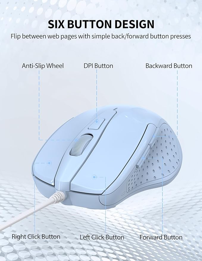 TECKNET Wired Mouse, 6-Button Corded with 4 Adjustable DPI, Optical Mouse with Ergonomic Design and 5FT Cord for Laptop, Chromebook, PC, Desktop, Mac, Notebook - LT.Blue
