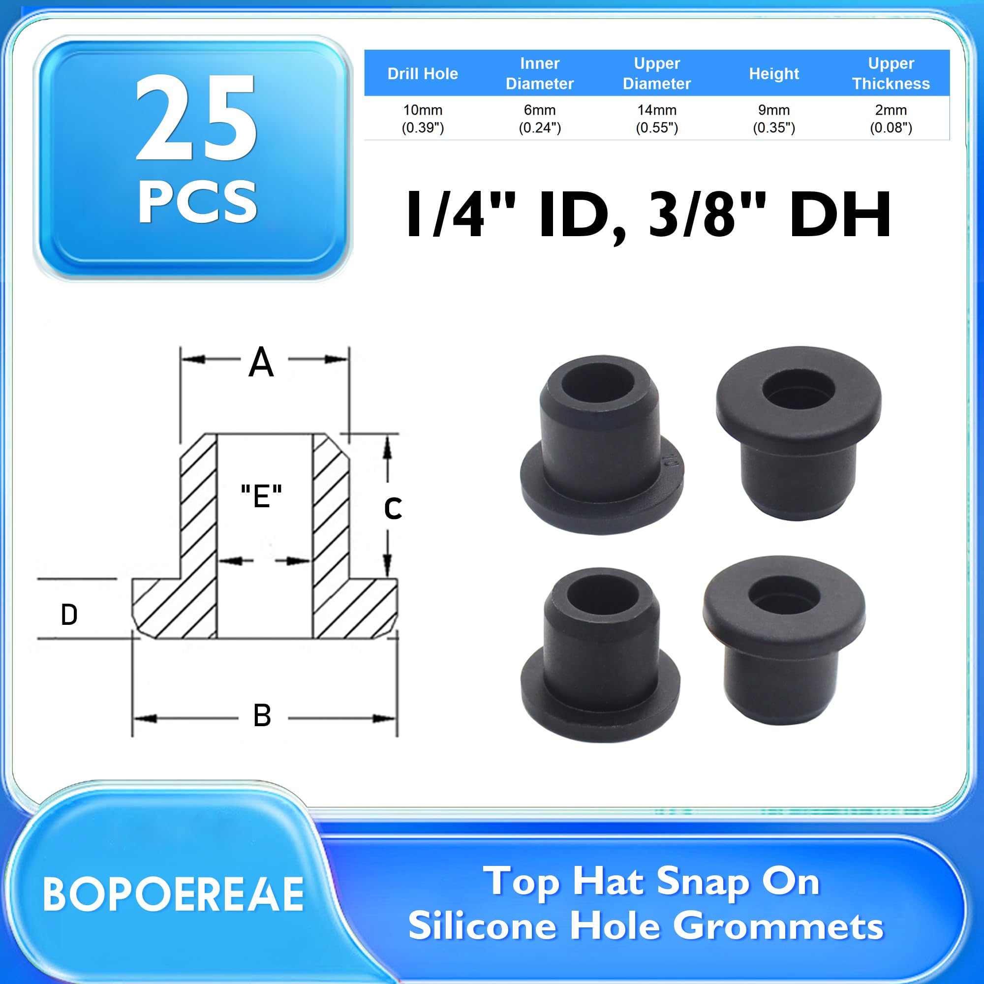BOPOREAE 3/8" Drill Hole, 1/4" ID Silicone Rubber Grommets for Wiring